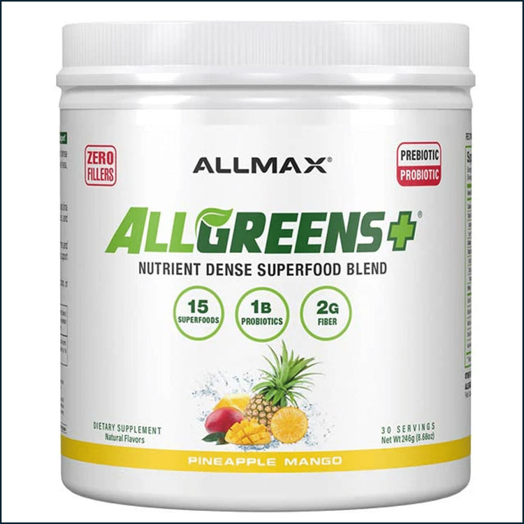 AllMax AllGreens+ multivitamin and herbal supplement in a jar, featuring vibrant greens and natural ingredients for health support.