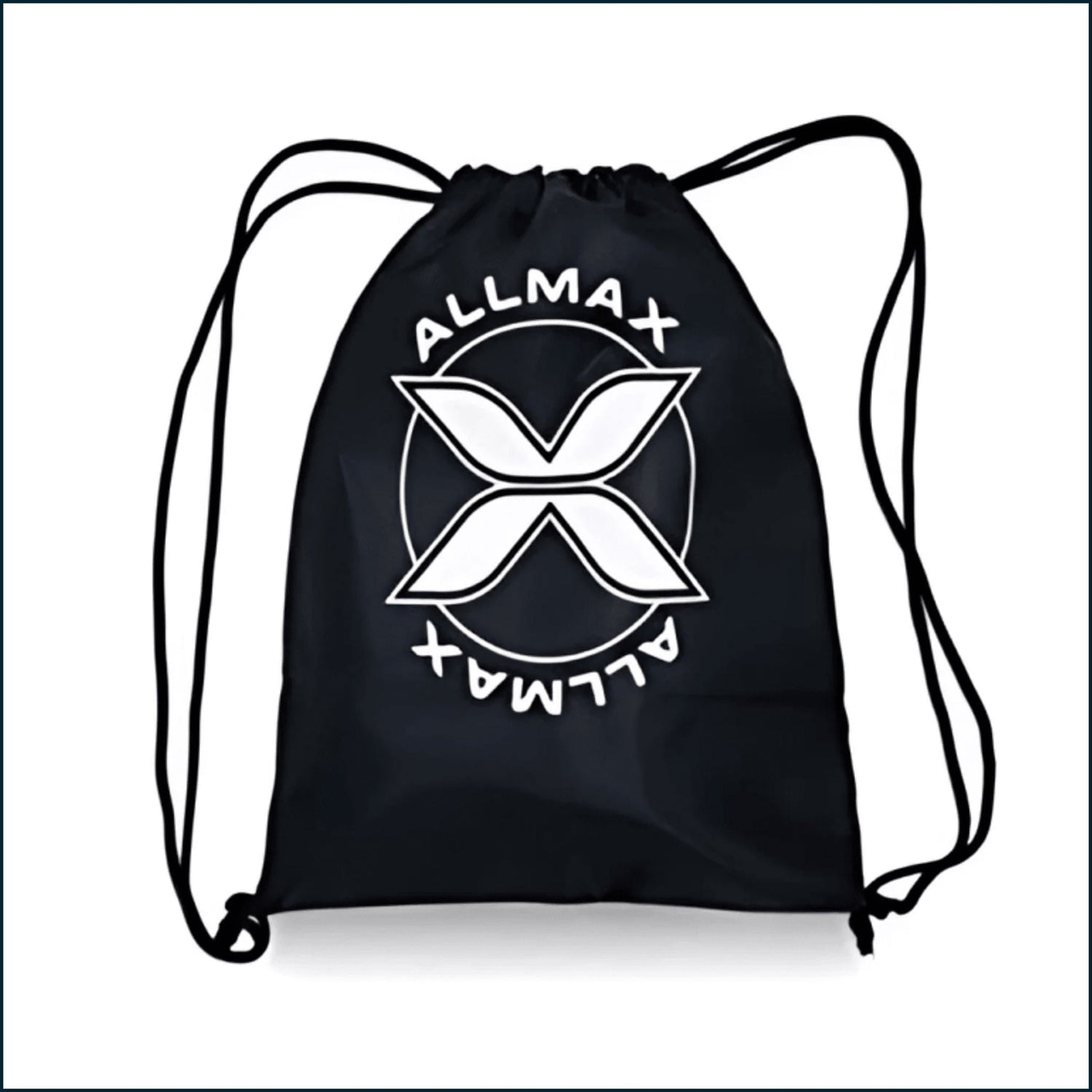 AllMax drawstring bag made of durable fabric, featuring the AllMax Nutrition logo, ideal for storing shirts, shakers, or accessories.