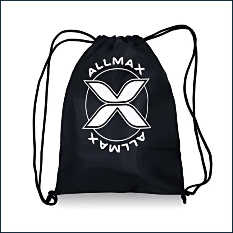 AllMax drawstring bag made of durable fabric, featuring the AllMax Nutrition logo, ideal for storing shirts, shakers, or accessories.