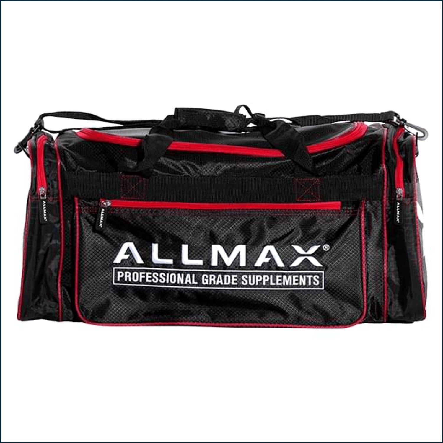 Allmax Nutrition gym bag front view showing durable black sports bag with handles and zipper closure for fitness gear storage.