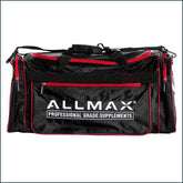 Allmax Nutrition gym bag front view showing durable black sports bag with handles and zipper closure for fitness gear storage.