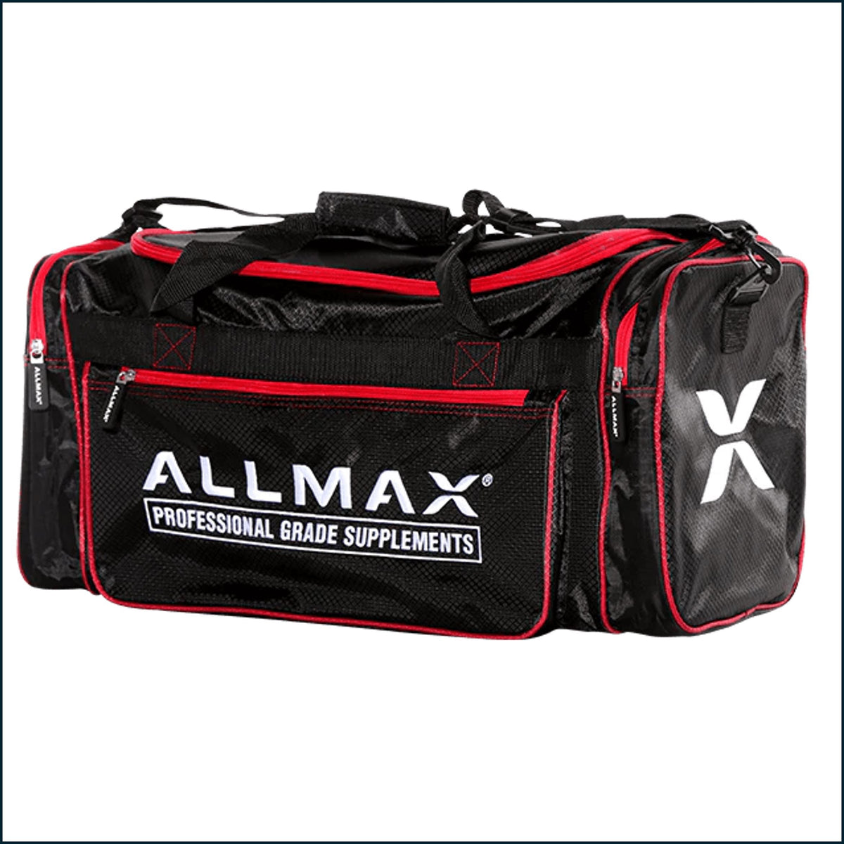 Allmax Nutrition gym bag with side pocket, durable black design for fitness accessories and workout gear.