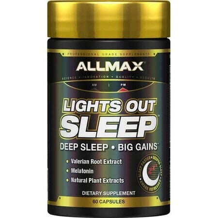 Allmax Lights Out Sleep herbal supplement capsules, 60-count, designed to promote restful sleep and relaxation.