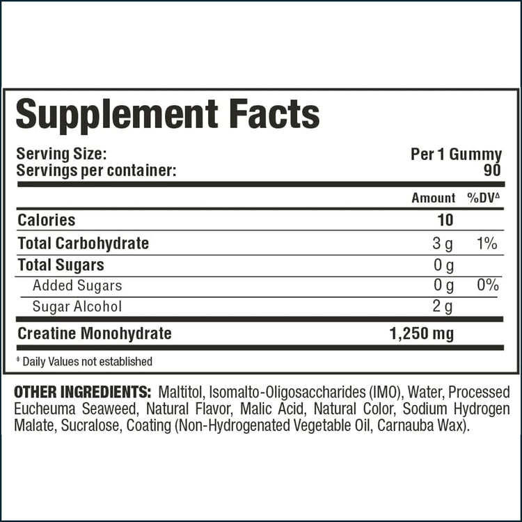 Allmax Creatine Gummies with Kre-Alkalyn showing nutritional panel, 90 chewable creatine supplements for muscle energy support