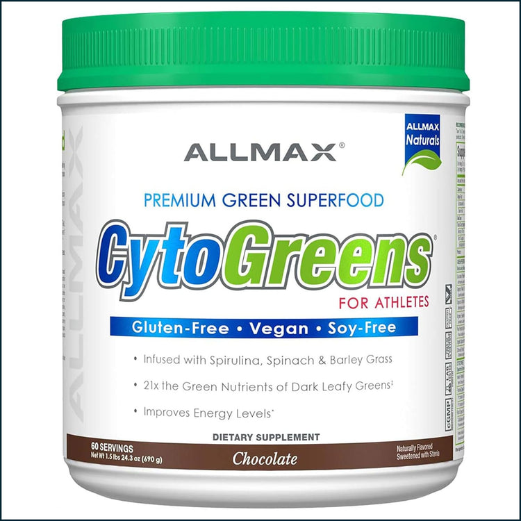 AllMax CytoGreens dietary supplement container with label, featuring green herbs and vitamins for health and wellness.