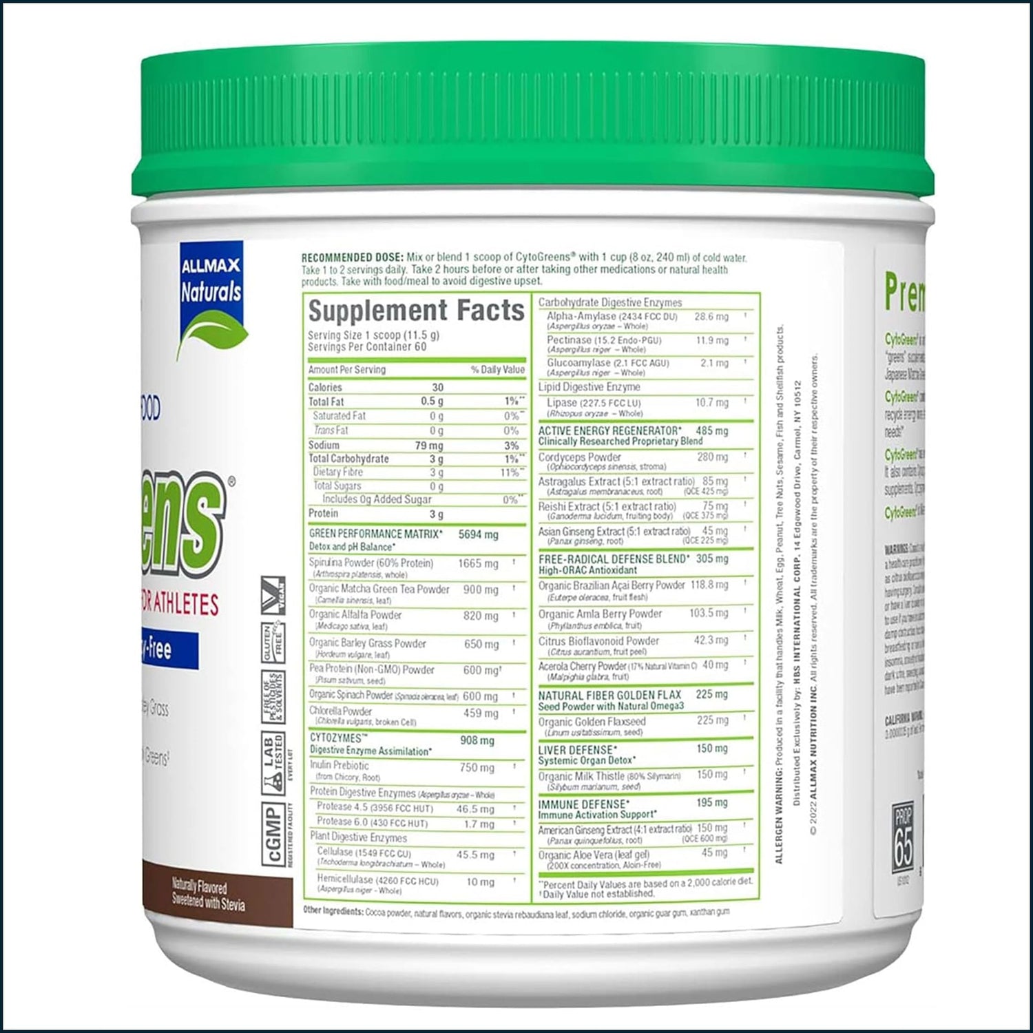 AllMax CytoGreens vitamins and herbs supplement showing nutritional panel, 60-serving container with green powder and label.