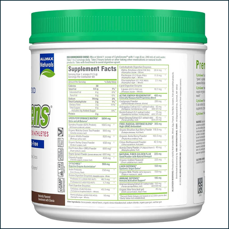 AllMax CytoGreens vitamins and herbs supplement showing nutritional panel, 60-serving container with green powder and label.