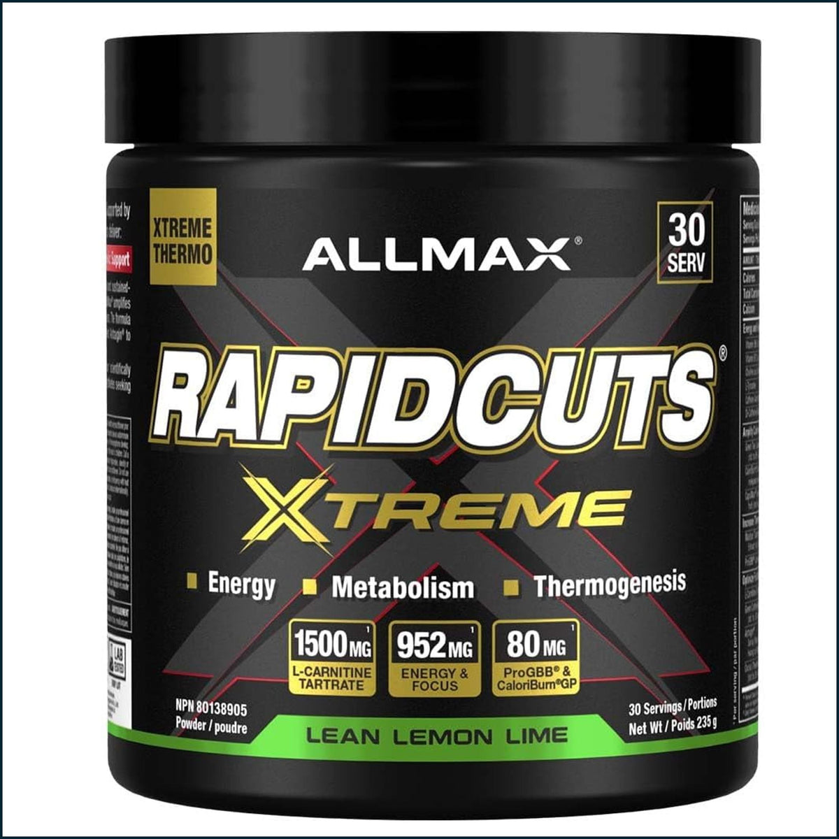 AllMax RapidCuts Extreme weight loss powder container with 30 servings, dietary supplement for fat burning and metabolism boost