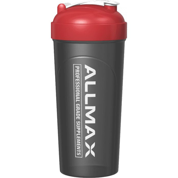 AllMax 25oz shaker bottle in black with white logo, designed for mixing supplements, featuring a secure lid and durable construction.