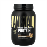 Frosted Cinnamon Bun Animal Isolate Loaded Whey Protein 2lbs container from PoorBoySupplements.com, with label and product details visible.
