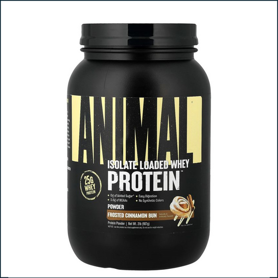 Frosted Cinnamon Bun Animal Isolate Loaded Whey Protein 2lbs container from PoorBoySupplements.com, with label and product details visible.