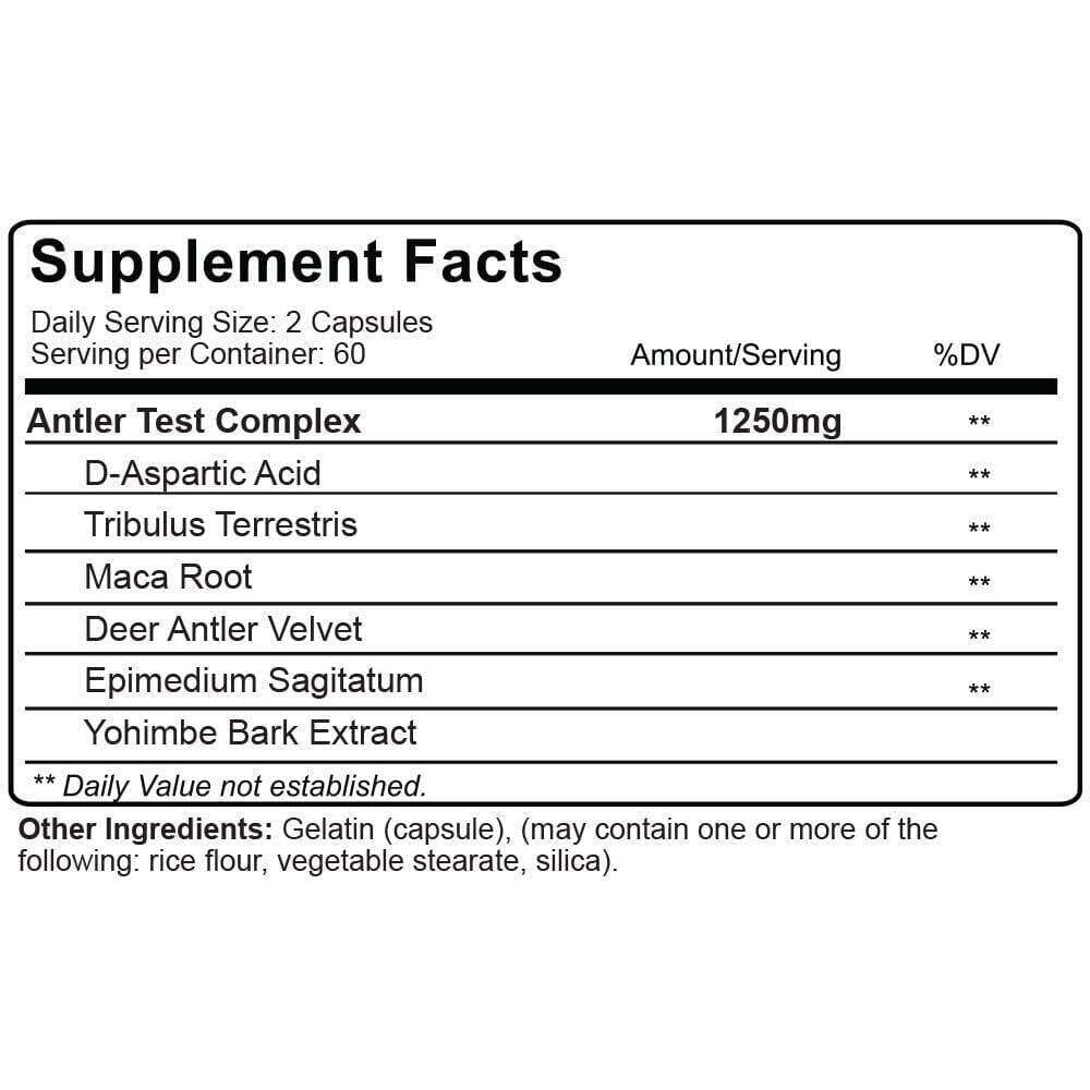 Red Deer antler test testosterone booster capsules from NutraKey, shown with supplement facts on a label.