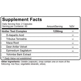 Red Deer antler test testosterone booster capsules from NutraKey, shown with supplement facts on a label.