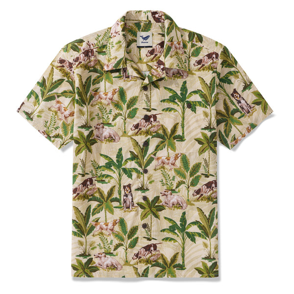 Men's Hawaiian short sleeve shirt by Outlets Yiume with colorful dog-themed print, camp collar, 100% cotton fabric for casual wear.