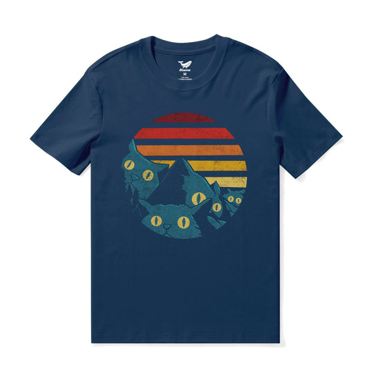 Hawaiian Tee For Men Vintage Vibes Cat Tee Crew Neck 100% Cotton - NAVY BLUE