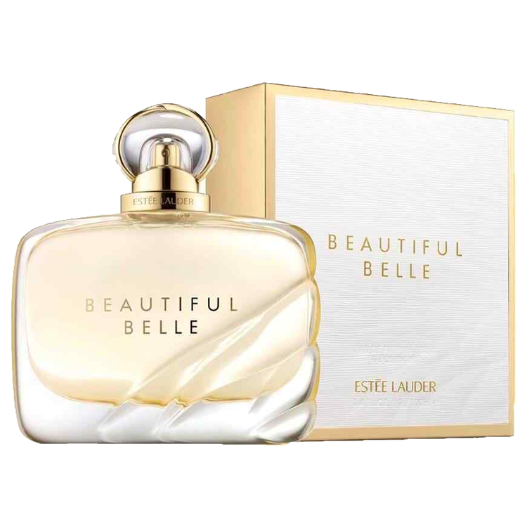 Elegant bottle of Estee Lauder Beautiful Belle Eau de Parfum spray, 3.4 oz, with floral design and clear glass packaging.