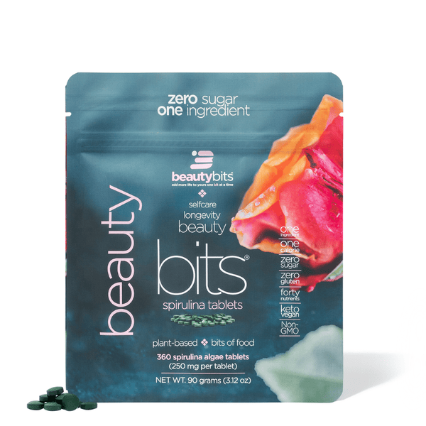 Small ENERGYbits BEAUTYbits bag, compact and portable with natural branding, ideal for carrying beauty supplement products.