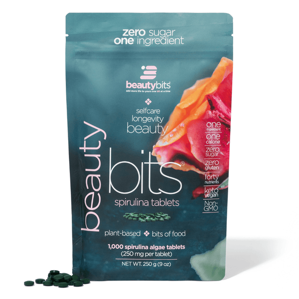 Large bag of ENERGYbits BEAUTYbits® Spirulina supplement for beauty and health, shown in a resealable package.