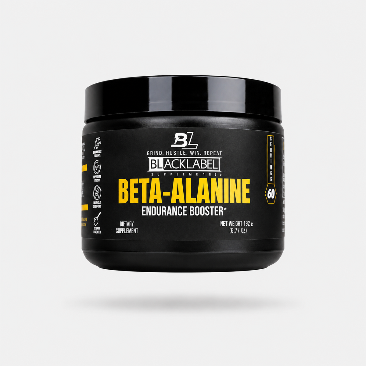 BlackLabel Supplements BETA-ALANINE powder container showing the product label and branding.