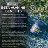 BlackLabel Supplements Beta-Alanine powder in a white container with a black lid, showing the supplement label and product branding.