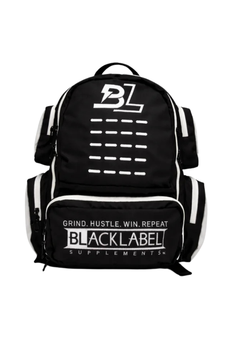 BlackLabel 26L backpack from BLACKLABEL Supplements, featuring a sleek black design and adjustable straps.