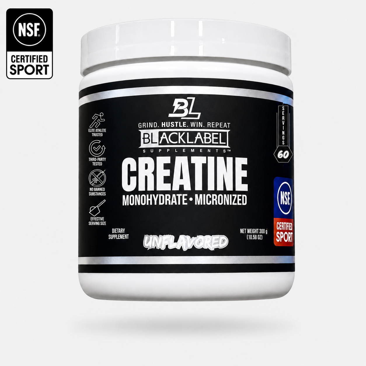 BlackLabel Supplements Creatine Monohydrate powder in a clear container with a black label, ready for muscle support and workout recovery.