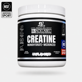 BlackLabel Supplements Creatine Monohydrate powder in a clear container with a black label, ready for muscle support and workout recovery.