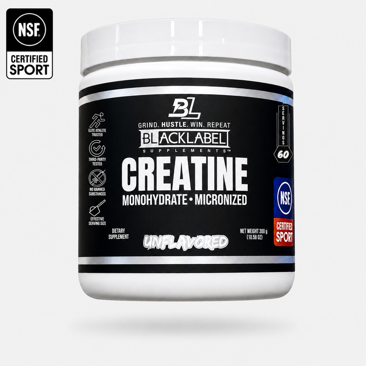 BlackLabel Supplements Creatine Monohydrate powder in a clear container with a black label, ready for muscle support and workout recovery.