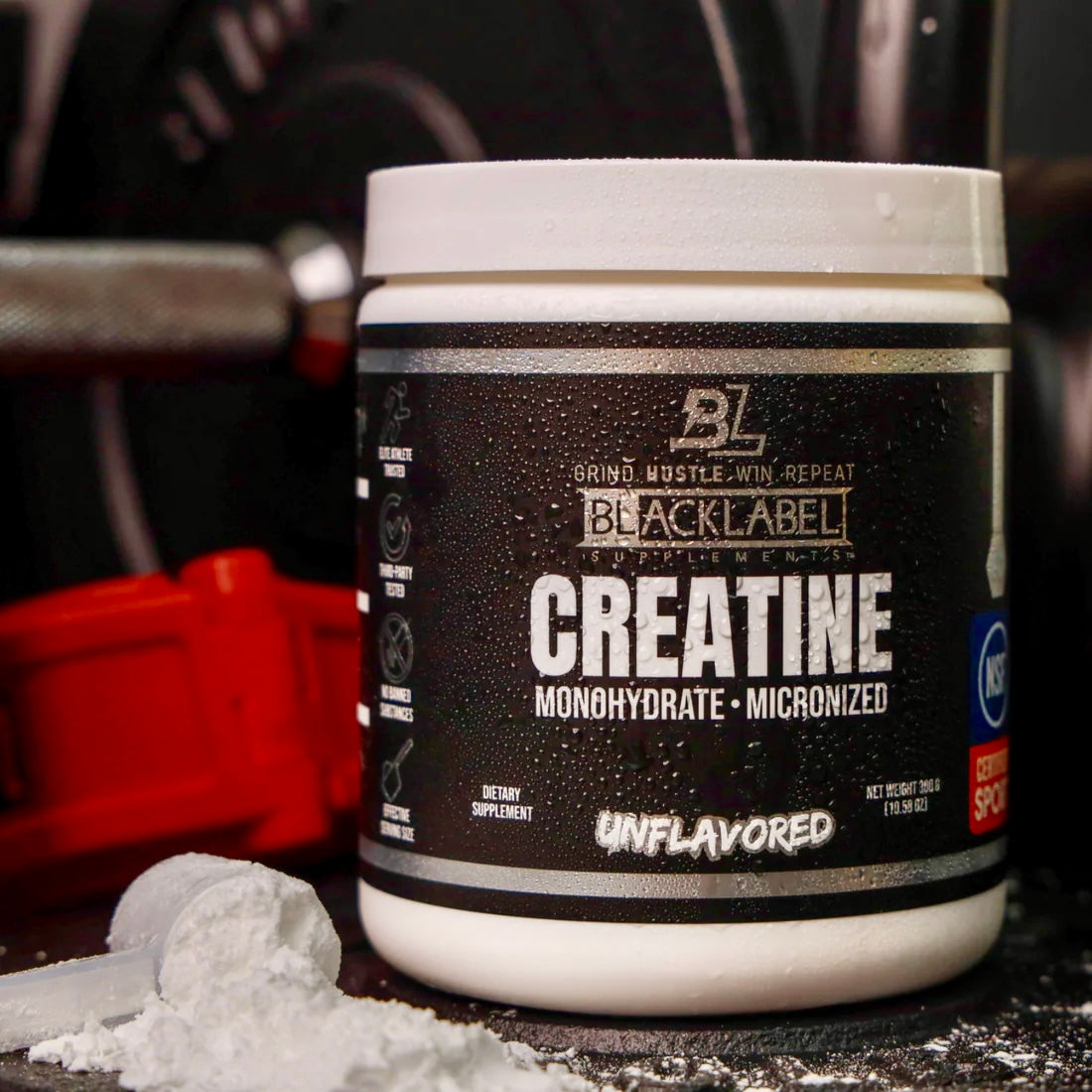 Container of BLACKLABEL Supplements creatine monohydrate powder in a clear jar with a black label and scoop inside.