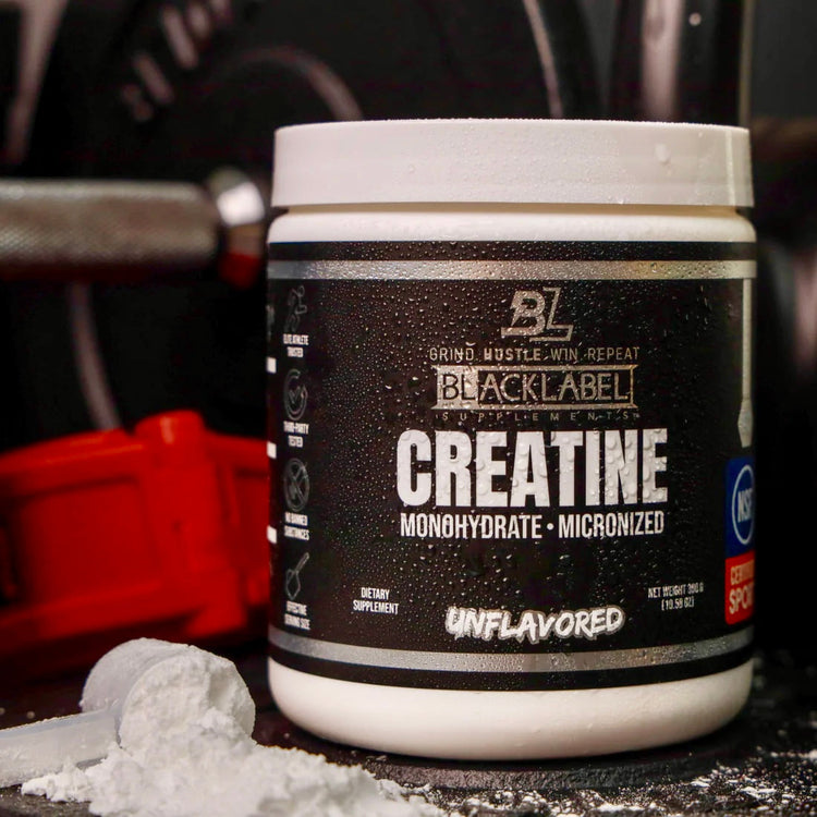 Container of BLACKLABEL Supplements creatine monohydrate powder in a clear jar with a black label and scoop inside.