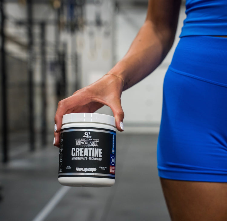 BlackLabel Supplements creatine monohydrate in a clear container, showing the label and product inside.