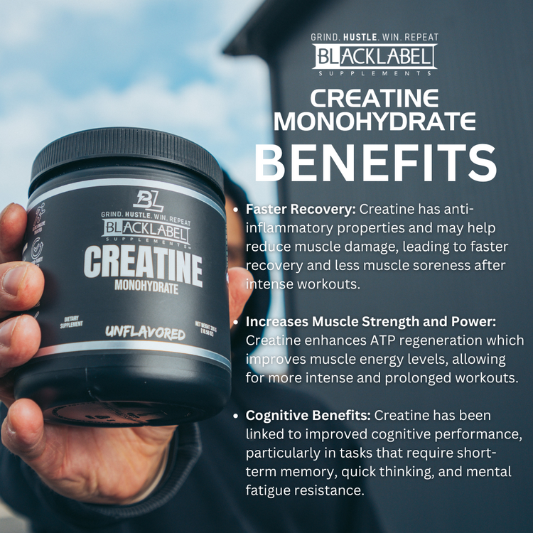 BlackLabel Supplements creatine monohydrate powder in a container, showing the product label and branding.