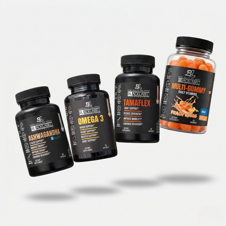 BlackLabel Supplements Health & Wellness Stack featuring various supplements in a sleek black container for overall health support.