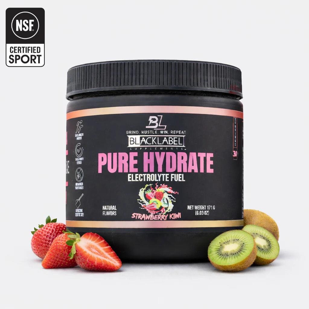 BlackLabel Supplements Pure Hydrate powder in strawberry kiwi flavor, displayed in a clear container with fresh strawberries and kiwis.