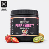 BlackLabel Supplements Pure Hydrate powder in strawberry kiwi flavor, displayed in a clear container with fresh strawberries and kiwis.