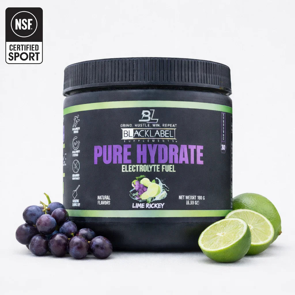 BlackLabel Supplements Pure Hydrate powder in strawberry kiwi flavor, showing the colorful container and flavor details.