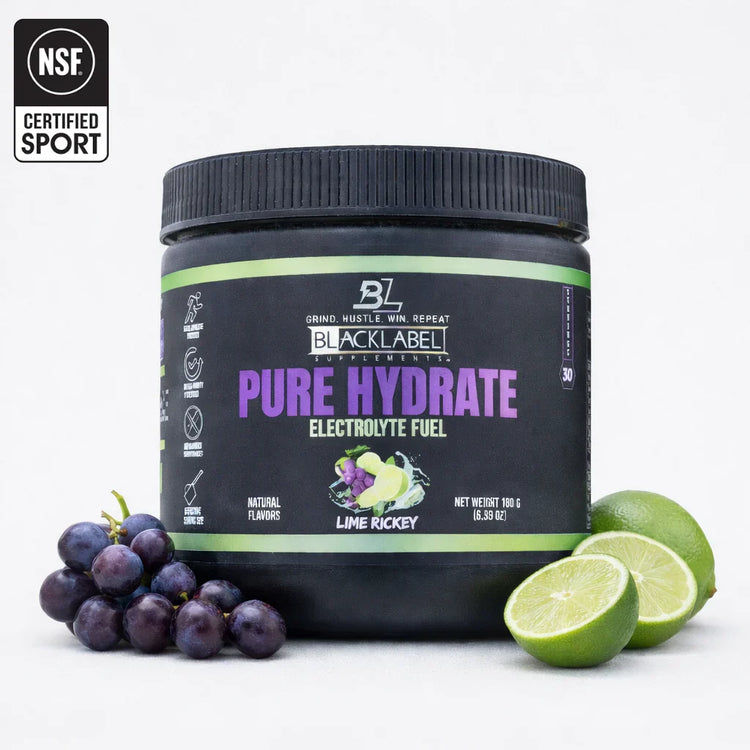 BlackLabel Supplements Pure Hydrate powder in strawberry kiwi flavor, showing the colorful container and flavor details.