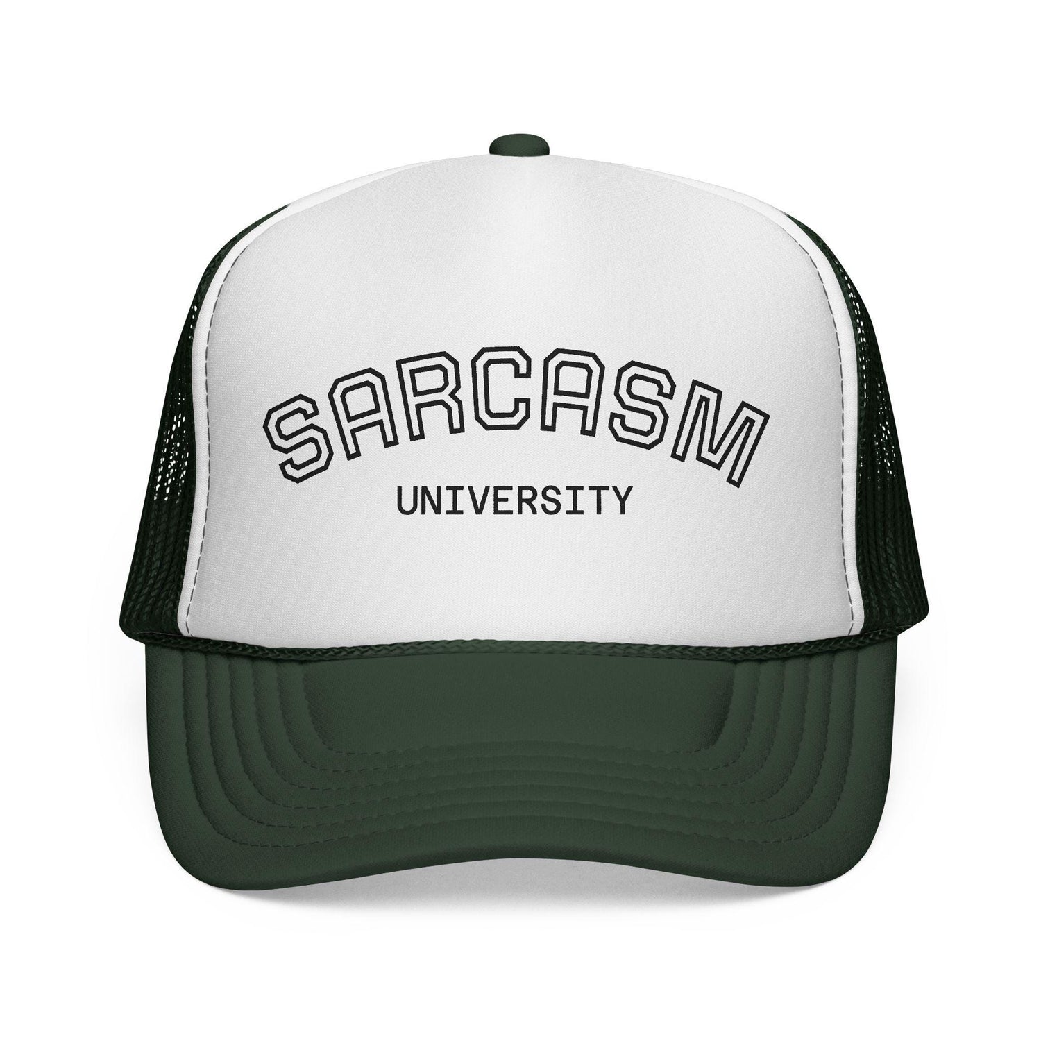 Blue Star Sarcasm University mesh trucker cap in black, featuring breathable mesh panels and embroidered logo for casual style.