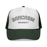 Blue Star Sarcasm University mesh trucker cap in black, featuring breathable mesh panels and embroidered logo for casual style.