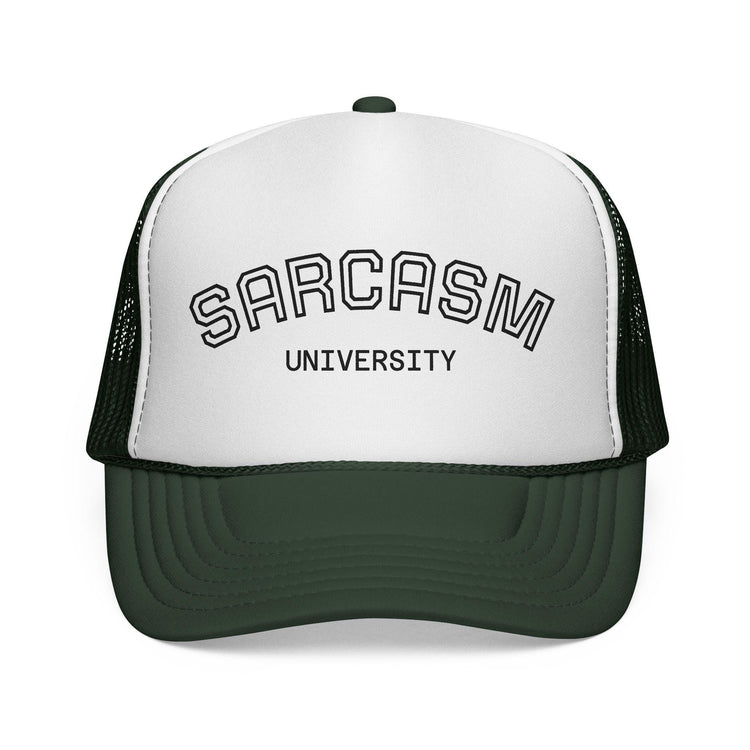 Blue Star Sarcasm University mesh trucker cap in black, featuring breathable mesh panels and embroidered logo for casual style.