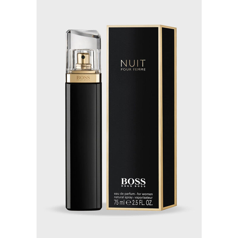 Hugo Boss Boss Nuit Pour Femme EDP spray 2.5 oz displayed in a sleek perfume bottle with elegant packaging.