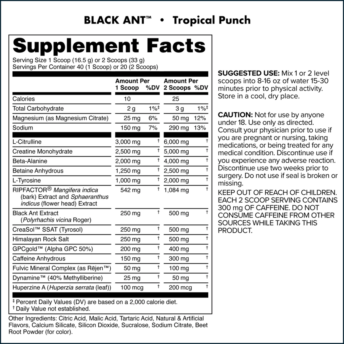 Nutritional panel of Bucked Up Black Ant Pre-Workout supplement showing ingredients and label details.