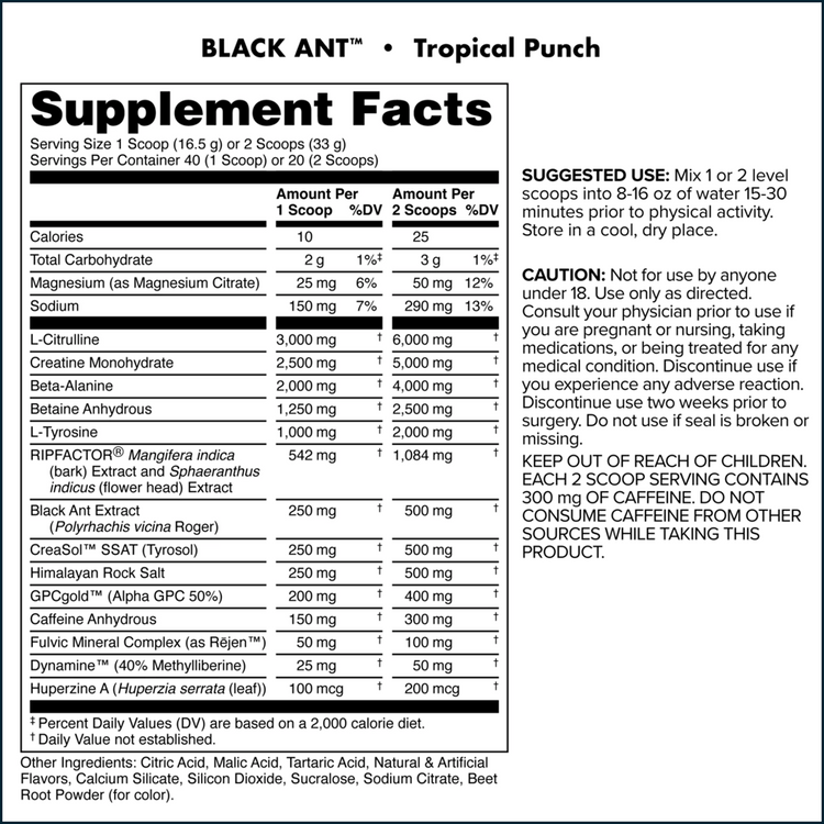 Nutritional panel of Bucked Up Black Ant Pre-Workout supplement showing ingredients and label details.