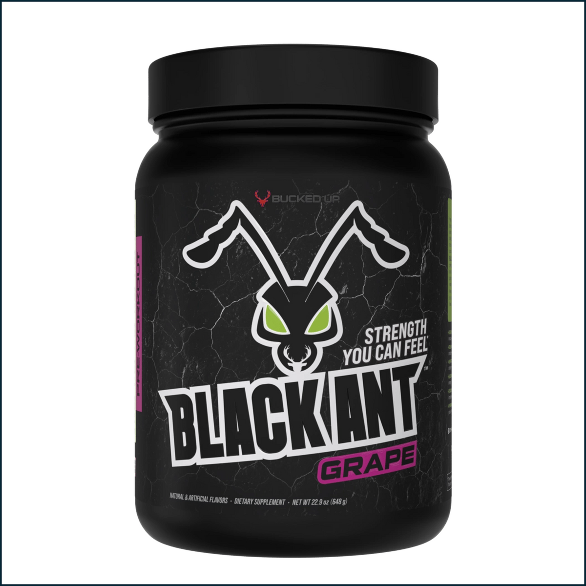 Bucked Up Black Ant Pre-Workout supplement container with black and red label, 40 servings, for energy and performance enhancement.