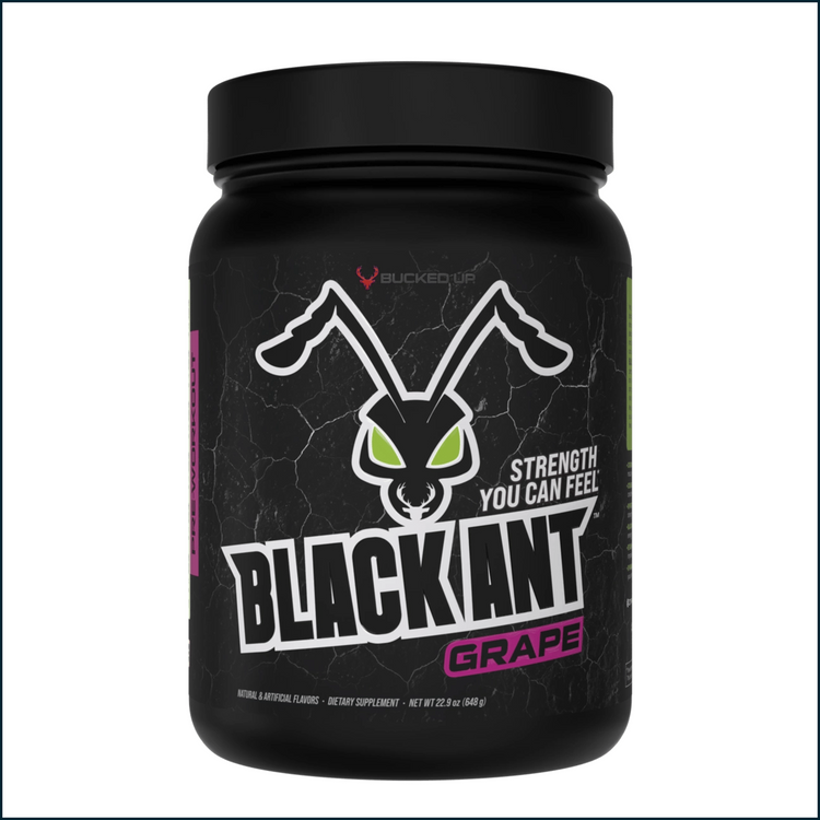 Bucked Up Black Ant Pre-Workout supplement container with black and red label, 40 servings, for energy and performance enhancement.