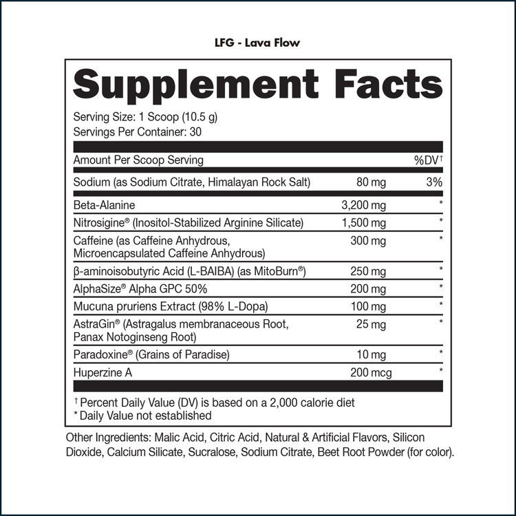Bucked Up LFG Burn thermogenic pre-workout supplement label showing nutritional panel and ingredients.