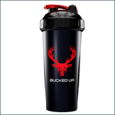 Black and red Bucked Up shaker bottle with logo, 28oz capacity, used for mixing supplements and drinks.