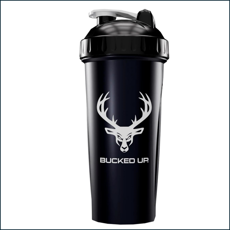 Black and white Bucked Up logo shaker bottle with 28oz capacity, featuring the PoorBoySupplements.com branding.