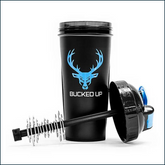 Bucked Up Perfect Shaker Bottle 28oz from PoorBoySupplements.com, black plastic shaker with lid and mixing ball for protein shakes.