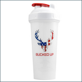White shaker bottle with Bucked Up logo and flag design, 28oz capacity, used for mixing supplements or drinks.